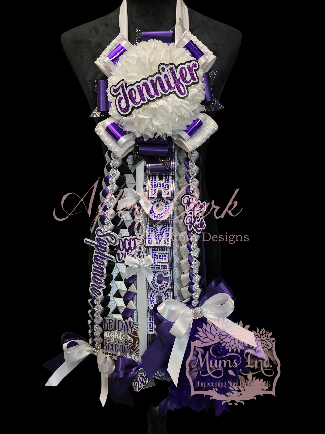 purple & white homecoming mum with bling letters